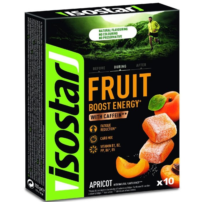 Isostar Fruit Boost Energy galaretki energetyczne z kofeiną (Morela) – 10 x 10g