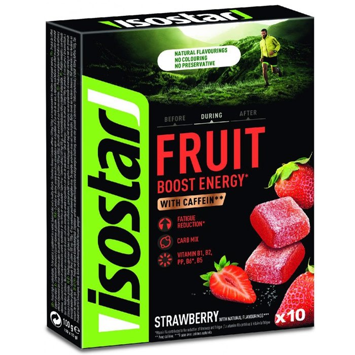 Isostar Fruit Boost Energy galaretki energetyczne z kofeiną (Truskawka) – 10 x 10g
